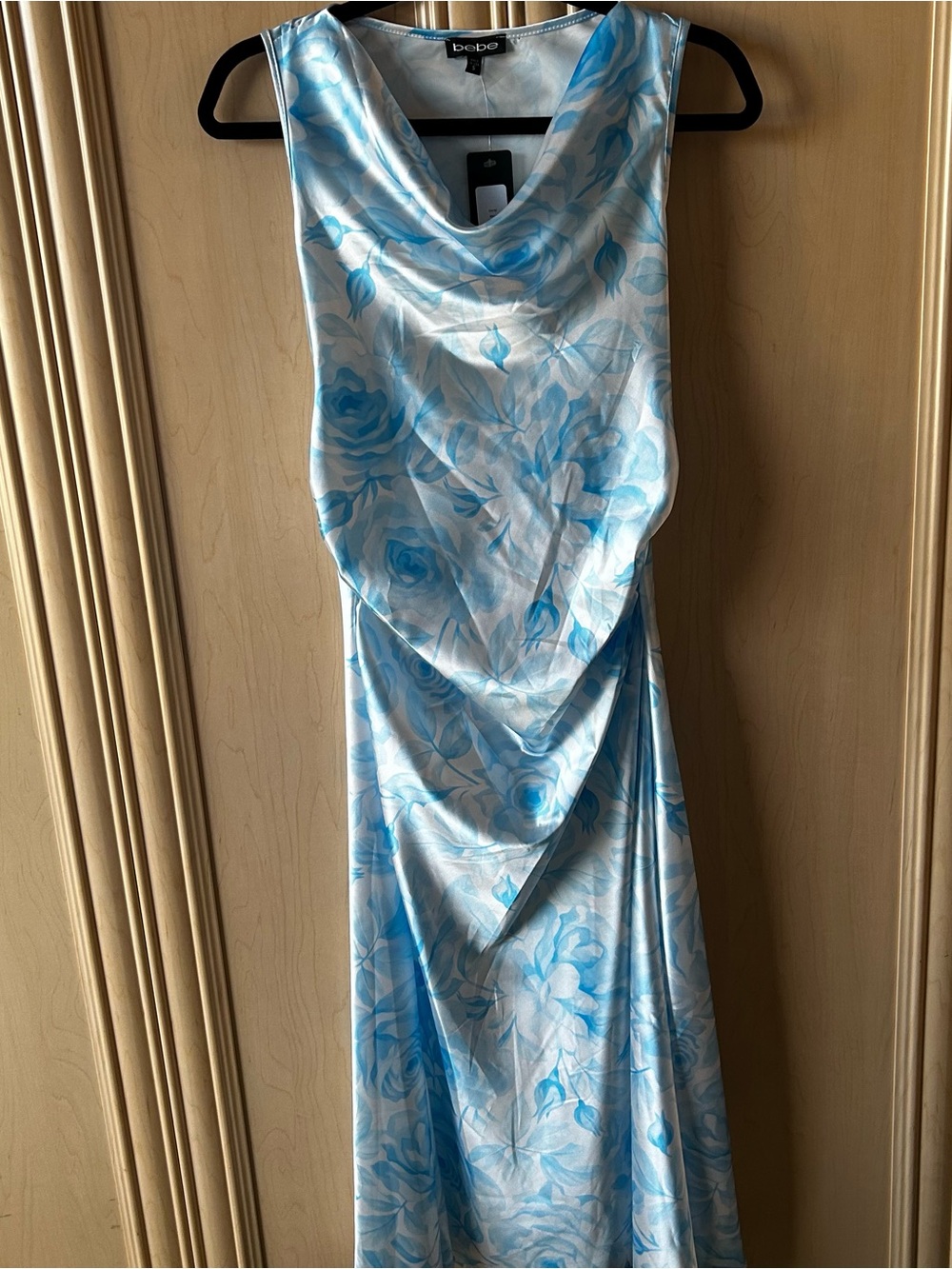 BEBE Blue Floral Cowl Neck Satin Dress NWT size S